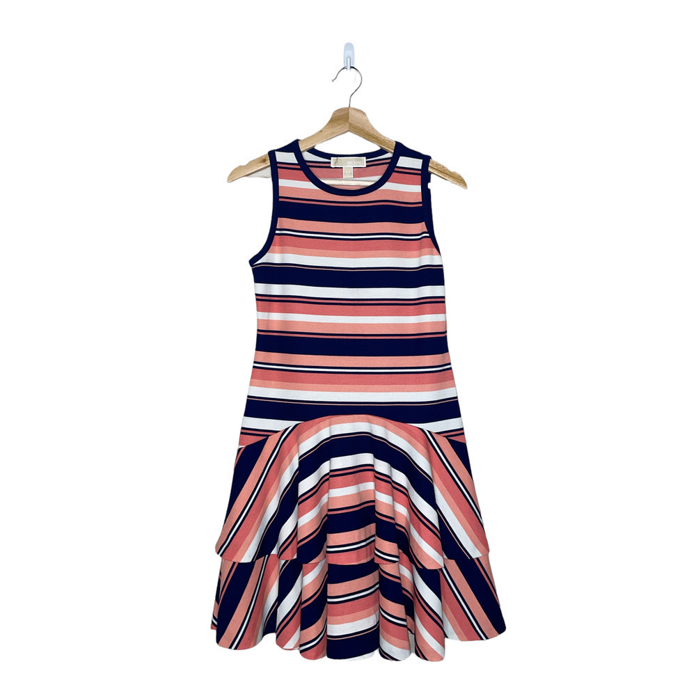𝅺michael Kors Striped Dress Womens Small XS/S Coral Navy Sleeveless Tiered Scoop
